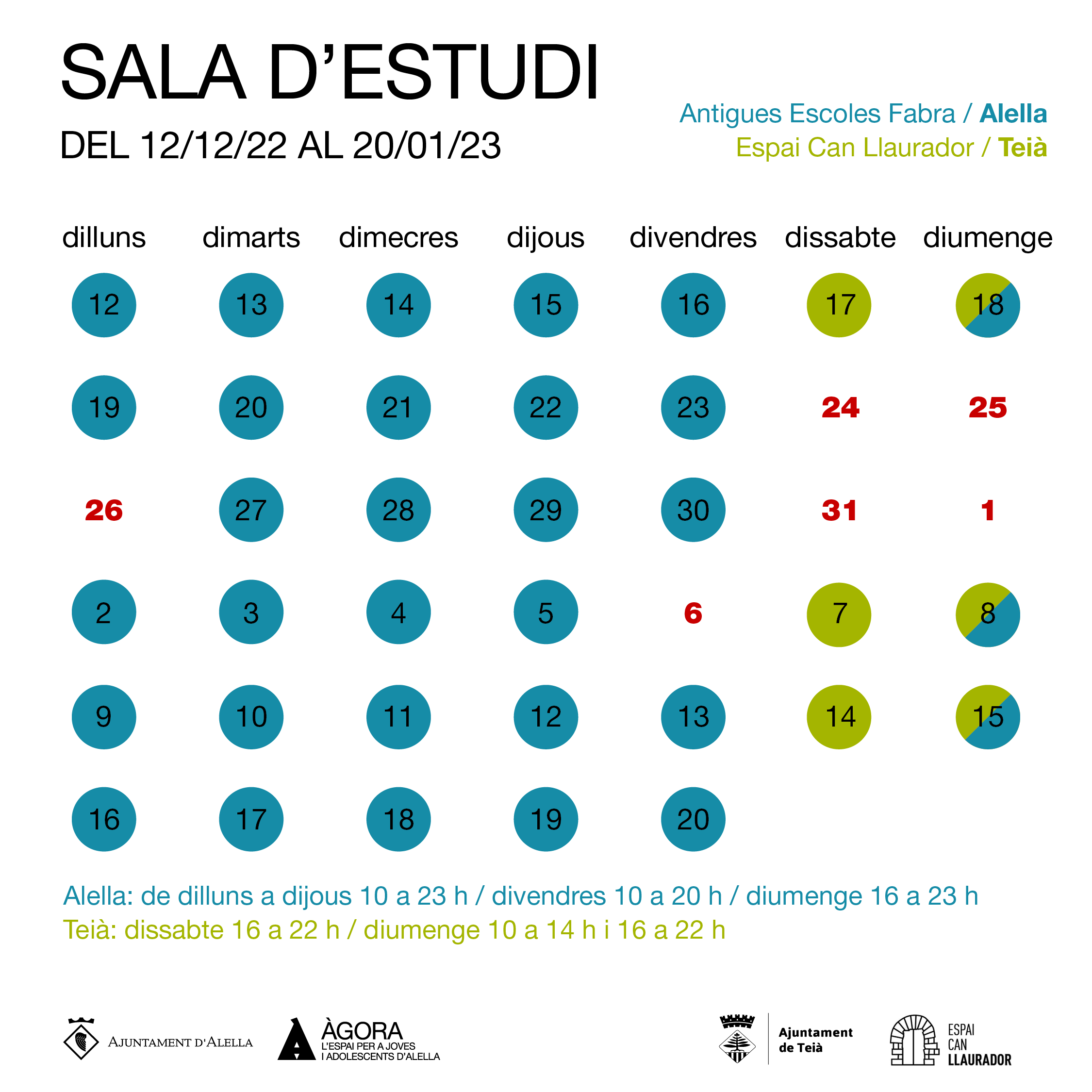 L'Àgora torna a obrir l'aula d´estudi del 12 de desembre al 20 de gener 