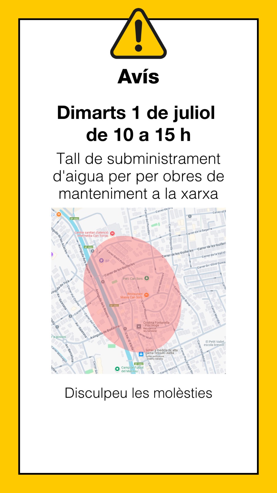 Tall de subministrament d'aigua l'1 de juliol, de 10 a 15h